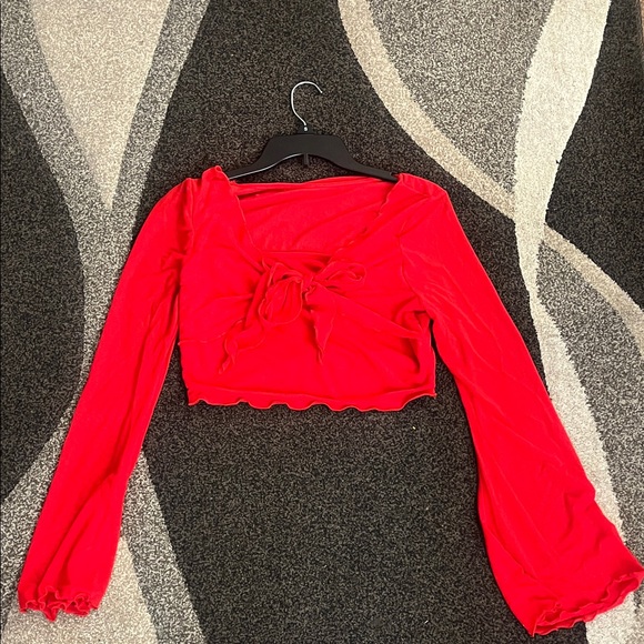 Tops - Red Sheer Mesh Tie-Front Crop Top - Y2K Fairycore